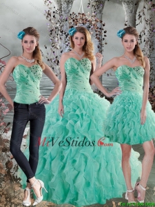 2015 nuevo estilo Aqua Blue Vestidos de quinceañera con Volantes Bordoneado y
