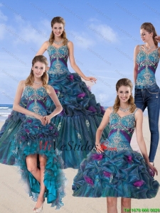 2015 desmontable Multi Color Quinceañera vestido con Made mano de la flor y Pick Ups