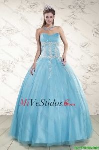 2015 Pretty Aqua Blue Vestidos de quinceañera con rebordear y apliques