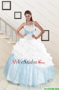 2015 blanco y azul del vestido de bola vestido de quinceañera con Halter
