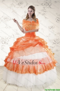 2015 Perfect Strapless Orange Vestidos de quinceañera con rebordear y apliques