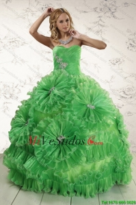 2015 Sweetheart Clásica Verde Vestidos de quinceañera con Volantes Apliques y