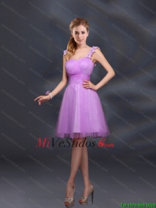 A vestidos de línea de correas Apliques de dama de honor en la lila