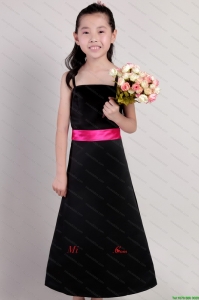 Negro una línea de correas del tobillo de longitud tafetán Sash vestido de niña de flores