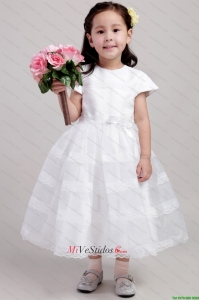 Blanco Corte A / Princesa cucharada de té de longitud satinado y hecho a mano flor niña vestido de flores de encaje