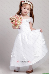 Blanca una línea de correas del tobillo de longitud tafetán y flores hechas a mano de la flor de tul vestido de niña