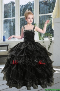 2015 Fashionable Black Straps Little Girl Pageant Dress with Sequins and Ruffles