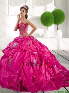 2016 Apliques clásicos y Pick Ups Quinceañera vestido en rosa fuerte