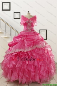 2015 Apliques elegantes y Ruffles Quinceañera Vestidos en rosa fuerte