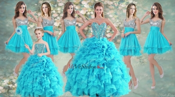 Visible deshuesado Azul Aqua vestido de quinceañera y lentejuelas corto Dama Vestidos con cuentas y rizado Mini Vestido de Quinceañera