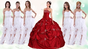 Precioso tafetán apliques y rojo moldeado vestido de quinceañera y asimétrico blanco Dama Vestidos