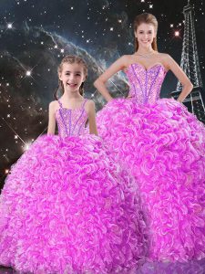 los vestidos de bola de la lila que rebordean y rizan el vestido del 15to cumpleaños atan para arriba la longitud sin mangas del piso del organza