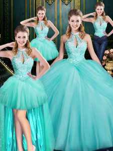 Glamorous aqua blue sleeveless tulle lace up 15 vestido de quinceañera para bola militar y dulce 16 y quinceañera