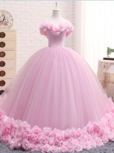 Precioso vestido de fiesta vestido de baile de color rosa bebé fuera del tren sin mangas del cepillo del hombro con cordones
