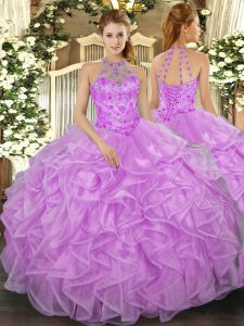 Fantásticos vestidos de bola lila rebordear y volantes vestidos de quinceañera con cordones organza sin mangas longitud del piso