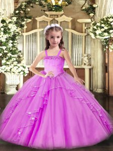 Dulce vestido de color lila con cordones para niñas vestidos con apliques y volantes sin mangas hasta el suelo