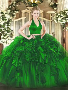 cremallera verde halter top volantes quinceañera vestido de organza sin mangas