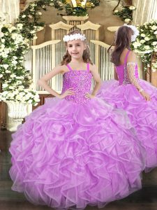 Elegante lila de organza con cordones niñas vestidos de desfile sin mangas hasta el suelo abalorios y volantes