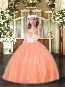 Glorioso vestido rojo naranja sin mangas con cuentas hasta el suelo vestido de desfile de niña