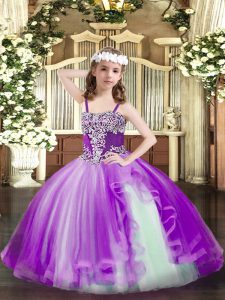 Vestidos de gala niñas vestidos de desfile correas púrpuras longitud del piso sin mangas con cordones