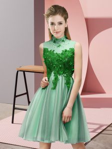 Espectacular vestido de dama verde manzana largo hasta la rodilla sin mangas con cordones