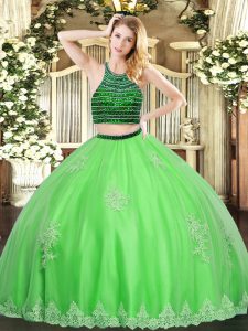Vestidos de bola verde top de tul sin mangas rebordear sin mangas y apliques longitud del piso cremallera vestido 15 cumpleaños