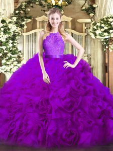Elegante berenjena púrpura sin mangas hasta el suelo con encaje cremallera dulce 16 vestido