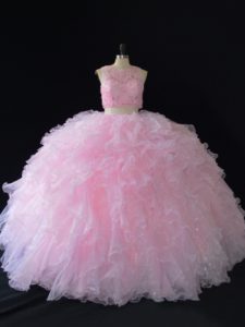Más popular baby pink scoop cremallera rebordear dulce 16 vestido sin mangas