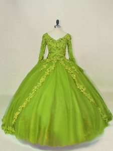 Vestidos de bola de color verde oliva con encaje y apliques 15 cumpleaños vestido con cremallera lateral de tul mangas largas