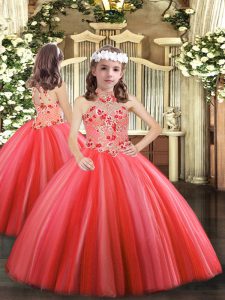 Palabra de longitud vestidos de bola sin mangas de coral rojo niña desfile vestido ata para arriba