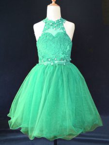 Atractivo verde una línea de organza halter sin mangas superior abalorios y encaje mini longitud de encaje hasta niñas vestido del desfile de niñas