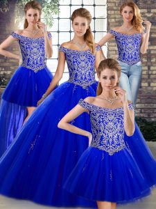 Azul real vestidos de quinceañera bola militar y dulce 16 y quinceañera con cuentas fuera del hombro sin mangas con cordones