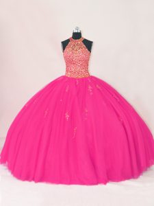 Impresionante largo del piso de color rosa intenso dulce 16 vestido de quinceañera tul sin mangas y apliques
