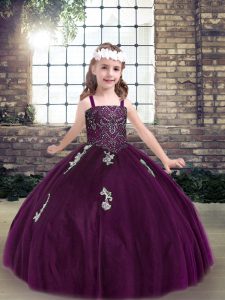 Hermosa berenjena púrpura vestidos de bola correas sin mangas hasta el suelo con cordones apliques niña vestido del desfile