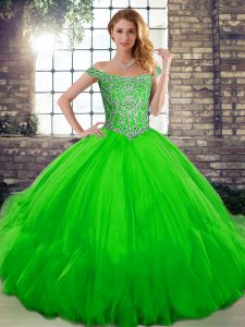 Nueva llegada vestidos de fiesta vestido de quinceañera verde fuera del hombro hasta el suelo sin mangas de tul encaje hasta