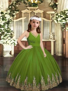 Vestidos de gala fantásticos vestido de desfile de niñas pequeñas verde oliva con cuello y mangas hasta el suelo con cremallera