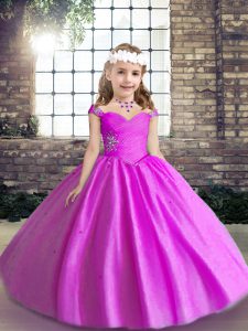 Elegantes vestidos de fiesta de color lila correas sin mangas de otoño hasta el suelo con cordones que rebordean las niñas vestidos de desfile