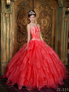 Maravilloso Vestido De Fiesta Estrapless Hasta El Suelo Organdí Rojo Coral Vestido De Quinceañera