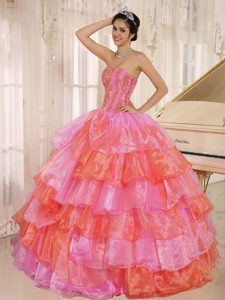Ruflfled Layers Y Decorate Up Bodice para Rosa Y Naranja Vestido De Quinceañera Customize