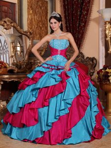 Azul Aqua Y Rojo Vestido De Fiesta Estrapless Hasta El Suelo Tafetán Bordado Vestido De Quinceañera