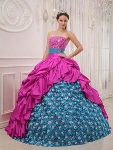 Caliente Rosa Y Azul Vestido De Fiesta Estrapless Hasta El Suelo Tafetán Bordado Vestido De Quinceañera
