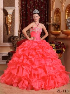 Rojo Coral Vestido De Fiesta Estrapless Hasta El Suelo Organdí Bordado Y Vestido De Quinceañera
