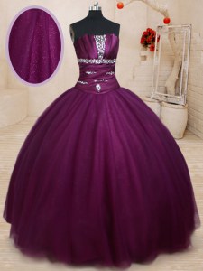 Brillante longitud sin mangas del piso de tul atan para arriba vestido del baile de fin de curso del vestido de bola en púrpura oscuro con el rebordear