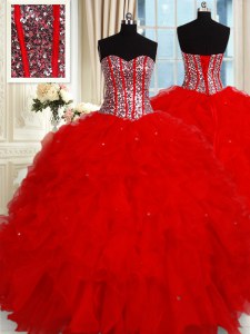 Rojo encaje vestido de quinceanera ruffles y lentejuelas sin mangas de longitud del piso