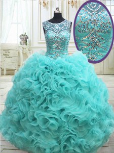 De lujo ver a través de tela con flores de balanceo aqua azul cucharada de encaje hasta rebordear dulce 16 vestido de quinceañera sin mangas