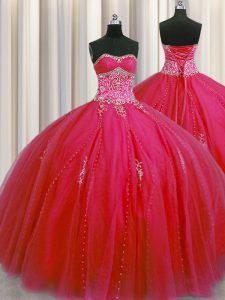 La mayoría de los vestidos de bola rojos hinchados grandes populares que rebordean y appliques el vestido del cumpleaños 15 atan para arriba la longitud sin mangas del piso de Tulle