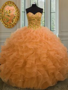 Organza naranja modesto hasta el vestido de baile vestido de baile sin mangas de longitud del piso perlas y volantes
