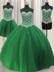 Tres piezas verde sin mangas rebordear y lentejuelas longitud piso dulce 16 vestido de quinceañera
