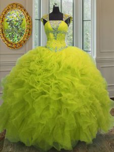 Lentejuelas piso longitud amarillo verde membrillo vestido de baile correas tapa mangas encaje hasta