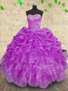 Descuento púrpura organza encaje hasta vestido de quinceañera sin mangas de longitud del piso perlas y apliques y volantes y arrugas